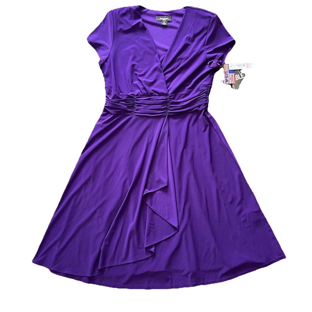 R&M Richard's Dress 10P purple ruched Waist dress Midi Draped Faux Wrap 7635P